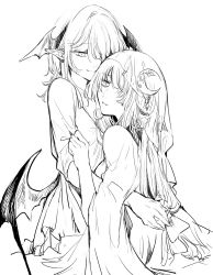 Rule 34 | 2girls, alternate headwear, bat wings, closed mouth, clothes grab, cowboy shot, crescent, crescent hair ornament, cropped legs, cropped torso, drop earrings, earrings, eyebrows hidden by hair, fingernails, flat chest, greyscale, hair ornament, hair over one eye, head wings, highres, hug, jewelry, koakuma, light smile, long hair, looking at another, looking at viewer, looking back, low-tied long hair, low wings, monochrome, multiple girls, nostrils, parted lips, patchouli knowledge, pointy ears, risui (suzu rks), simple background, sketch, sleeve grab, sleeves past elbows, touhou, upper body, veil, white background, wide sleeves, wings, yuri