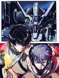 2boys black_hair closed_eyes closed_mouth commentary ein_dalton facial_scar gaelio_bauduin glowing glowing_eyes gundam gundam_tekketsu_no_orphans gundam_vidar hair_between_eyes hair_over_one_eye highres kare_(0621utak) looking_at_viewer male_focus mecha mecha_pilot_suit mobile_suit multiple_boys one_eye_covered parted_lips purple_eyes purple_hair red_eyes robot scar scar_on_cheek scar_on_face science_fiction short_hair v-fin vidar