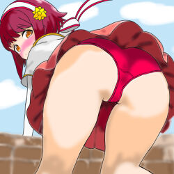 Rule 34 | 1girl, artist request, ass, bent over, blush, cameltoe, embarrassed, fire emblem, fire emblem fates, from behind, hairband, leaning, leaning forward, looking at viewer, looking back, nintendo, orange eyes, panties, red hair, sakura (fire emblem), short hair, skirt, solo, underwear, upskirt