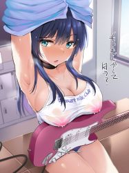 Rule 34 | 1girl, armpits, arms up, bad id, bad twitter id, bare shoulders, black choker, blue eyes, blue hair, blue shirt, blue shorts, blurry, blush, breast rest, breasts, breath, cable, choker, cleavage, clothes writing, collarbone, depth of field, electric guitar, guitar, indoors, instrument, lactation, lactation through clothes, large breasts, long hair, looking at viewer, nipples, noripachi, original, parted lips, see-through, shirt, short shorts, shorts, sitting, sleeveless, sleeveless shirt, solo, sweat, taut clothes, taut shirt, thighs, undressing, wet, wet clothes, wet shirt, white shirt