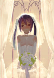 Rule 34 | 1girl, bad id, bad pixiv id, bare shoulders, black hair, blush, bouquet, breastless clothes, breasts, bridal veil, bride, choker, corset, dress, ekao, elbow gloves, flower, garter belt, garter straps, gloves, jewelry, k-on!, long hair, looking at viewer, nakano azusa, necklace, nipples, red eyes, small breasts, small nipples, smile, solo, thighhighs, tiara, twintails, veil, wedding dress, white thighhighs