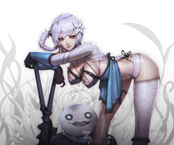 Rule 34 | 1boy, 1girl, ass, bandaged arm, bandaged leg, bandages, bent over, braid, breasts, brown hair, cleavage, covered erect nipples, emil (nier), flower, hair flower, hair ornament, hanging breasts, kaine (nier), large breasts, light purple hair, light smile, long hair, looking at viewer, looking to the side, nier, nier (series), no. 7 (nier), parted lips, shiny skin, silver hair, solo, square enix, sword, weapon, zeronis