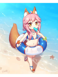 Rule 34 | 1girl, aged down, animal ear fluff, animal ears, bare shoulders, beach, bikini, blue bikini, blush, bracelet, brown footwear, brown hair, child, commentary request, day, fate/grand order, fate (series), flat chest, food, food in mouth, fox ears, fox girl, fox tail, highres, holding, holding swim ring, innertube, jewelry, langbazi, letterboxed, long hair, looking at viewer, mouth hold, navel, necklace, outdoors, pink hair, popsicle, revision, sand, sandals, side-tie bikini bottom, sidelocks, signature, solo, standing, standing on one leg, starfish, swim ring, swimsuit, tail, tail raised, tamamo (fate), tamamo no mae (fate/extra), tamamo no mae (swimsuit lancer) (fate), water