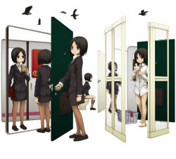 Rule 34 | 1girl, animal, bare legs, barefoot, bird, clothes pull, door, drink, female focus, formal, indoors, multiple persona, multiple views, naked shirt, original, pantyhose, pantyhose pull, shirt, shoes, short hair, sitting, standing, toilet, toilet use, white background, yajirushi (chanoma)