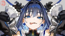 Rule 34 | 1girl, blue eyes, blue hair, chain, chain headband, earrings, fangs, hair intakes, hololive, hololive english, jewelry, long hair, looking at viewer, mixed-language commentary, open mouth, ouro kronii, ouro kronii (1st costume), ribbon earrings, short hair, smile, solo, tongue, tongue out, virtual youtuber, wada arco