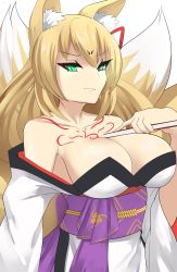 Rule 34 | 1girl, animal ears, blonde hair, breasts, cleavage, closed mouth, collarbone, fox ears, fox girl, fox tail, green eyes, hair between eyes, highres, holding, japanese clothes, kimono, large breasts, long hair, looking at viewer, mon-musu quest!, multiple tails, obi, off shoulder, aged up, sana!rpg, sash, simple background, slit pupils, smirk, solo, tail, tamamo (mon-musu quest!), tattoo, upper body, white background