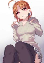 Rule 34 | 1girl, ahoge, black thighhighs, bow, braid, clenched hand, commentary, grey shirt, grey skirt, grin, hair bow, hands up, highres, long sleeves, looking at viewer, love live!, love live! sunshine!!, miniskirt, orange hair, red eyes, shirt, short hair, side braid, sitting, skirt, sleeves past wrists, smile, solo, symbol-only commentary, takami chika, thighhighs, v-neck, yamaori (yamaorimon)