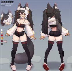 Rule 34 | 1girl, absurdres, animal ear fluff, animal ears, artist name, ass, bell, bikini, black choker, black hair, black shorts, black thighhighs, breasts, character name, character sheet, choker, cleavage, clickdraws, collarbone, color guide, cropped jacket, facial mark, fox ears, fox girl, fox mask, fox tail, full body, fur-trimmed jacket, fur-trimmed legwear, fur trim, gammainkk, hair bell, hair ornament, highleg, highleg bikini, highres, indie virtual youtuber, jacket, long hair, mask, multicolored clothes, multicolored hair, multicolored jacket, navel, partially unzipped, pom pom (clothes), red nails, ribbed thighhighs, sheath, sheathed, shorts, sleep mask, slippers, solo, stomach, swimsuit, tail, thighhighs, two-tone hair, virtual youtuber, white bikini, white footwear, white hair, white sleeves
