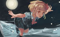 Rule 34 | 1girl, 3735geriragouki, :d, ascot, black footwear, black skirt, black vest, blonde hair, collared shirt, commentary request, full moon, hair ribbon, hairband, leaning forward, mary janes, moon, night, night sky, open mouth, outstretched arms, pleated skirt, red ascot, red eyes, red hairband, red ribbon, ribbon, rumia, running, shirt, shoes, short hair, sidelocks, skirt, sky, smile, solo, star (sky), starry sky, touhou, vest, white shirt
