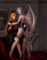 Rule 34 | 2girls, alternate costume, ass, bare arms, bare legs, bare shoulders, black dress, black footwear, black sash, blonde hair, breasts, commentary, cup, dress, drinking glass, eye contact, fake tail, feathered wings, from behind, half updo, headdress, heoningu, highres, holding hands, indoors, junko (touhou), kishin sagume, leotard, long hair, long sleeves, looking at another, medium breasts, multiple girls, playboy bunny, rabbit tail, red eyes, sash, shoes, silver hair, single wing, sitting, smile, standing, tabard, table, tail, thighs, touhou, very long hair, wide sleeves, wine glass, wings, wrist cuffs, yuri