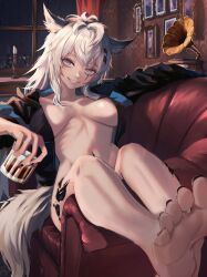 Rule 34 | 1girl, absurdres, animal ears, arknights, barefoot, black nails, coat, couch, cup, feet, grey eyes, grin, highres, holding, holding cup, lappland (arknights), long hair, material growth, mushrooming man, naked coat, on couch, oripathy lesion (arknights), phonograph, scar, scar across eye, smile, soles, solo, tail, toes, white hair, window, wolf ears, wolf girl, wolf tail