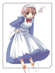 Rule 34 | 1girl, blue eyes, brown hair, female focus, hand on own hip, jirou (chekoro), maid, ribbon, short hair, simple background, solo, standing, white background