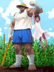 Rule 34 | 1boy, 1girl, age difference, armpits, bad id, bad pixiv id, barefoot, brown hair, capcom, child, closed eyes, dark-skinned female, dark-skinned male, dark skin, dress, farmer, feet, hand wraps, hanging, happy, hat, highres, hoe, knees, leg wrap, legs, manly, muscular, sagat, short hair, size difference, soles, straw hat, street fighter, toes, tomato, worktool, yuzuriha (active homing)