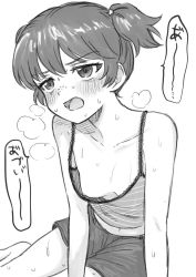 Rule 34 | 10s, 1girl, alisa (girls und panzer), blouse, blush, breasts, collarbone, downblouse, female focus, freckles, frown, girls und panzer, greyscale, half-closed eyes, lace, lace-trimmed shirt, lace trim, meis (terameisu), monochrome, nipple slip, nipples, no bra, open mouth, shirt, short hair, shorts, simple background, sitting, small breasts, solo, striped clothes, striped shirt, sweat, white background