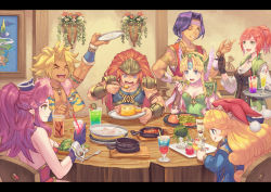 Rule 34 | 3boys, 4girls, absurdres, anbe yoshirou, armor, blonde hair, blue eyes, chair, character request, cup, dark skin, dark-skinned male, drinking glass, drinking straw, earrings, eating, closed eyes, fangs, food, fork, frying pan, gloves, green eyes, hat, headband, helmet, highres, holding, indoors, jacket, jewelry, letterboxed, long hair, multiple boys, multiple girls, necklace, one eye closed, open mouth, orange hair, pink hair, plant, plate, ponytail, potted plant, purple eyes, purple hair, seiken densetsu, seiken densetsu 3, table, tongue, tongue out, tray