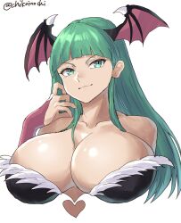 Rule 34 | 1girl, bare shoulders, breasts, chikoinochi, cleavage, closed mouth, green eyes, green hair, head wings, highres, large breasts, long hair, morrigan aensland, simple background, solo, vampire (game), white background, wings