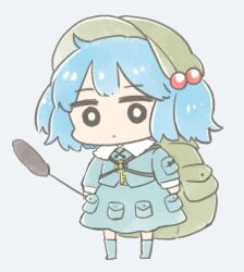 Rule 34 | 1girl, backpack, bag, blue footwear, blue hair, blue shirt, blue skirt, boots, bright pupils, cattail, closed mouth, commentary, cyu ta, flat cap, full body, green hat, grey background, hair bobbles, hair ornament, hat, highres, kawashiro nitori, key, long sleeves, looking at viewer, plant, pocket, shirt, simple background, skirt, solo, touhou, two side up, white pupils