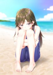 Rule 34 | 1girl, arashio (kancolle), barefoot, beach, blue one-piece swimsuit, blue sky, blurry, brown eyes, brown hair, cloud, commentary request, day, depth of field, feet, gotou hisashi, highres, hugging own legs, kantai collection, long hair, looking to the side, nontraditional school swimsuit, one-piece swimsuit, outdoors, school swimsuit, sitting, sky, solo, swimsuit