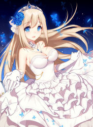 Rule 34 | 1girl, :d, bare shoulders, bison cangshu, blonde hair, blue eyes, blue flower, blue rose, breasts, bug, butterfly, cleavage, collarbone, commentary request, dress, elbow gloves, flower, gloves, hair between eyes, hair flower, hair ornament, highres, holding hands, insect, jewelry, large breasts, lexington (warship girls r), long hair, long sleeves, open mouth, ornate ring, pendant, petals, ring, rose, skirt hold, smile, solo focus, strapless, strapless dress, tiara, warship girls r, wedding dress, wedding ring, white dress, white flower, white gloves, white rose