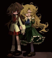 Rule 34 | 2girls, ascot, black background, blonde hair, blue ascot, blush stickers, brown footwear, brown hair, closed eyes, closed mouth, collared shirt, dress, green dress, hair between eyes, hair intakes, highres, holding another&#039;s arm, ib (ib), ib (kouri), long hair, looking at viewer, loose socks, mary (ib), messy hair, meyou 0319, multiple girls, open mouth, pantyhose, pleated skirt, red ascot, red eyes, red skirt, shirt, simple background, single blush sticker, skirt, smile, socks, standing, white shirt, white socks, yuri