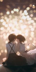 Rule 34 | 2girls, arm support, blurry, blurry background, commentary request, dress, closed eyes, fireworks, hand on another&#039;s shoulder, highres, long hair, looking to the side, multiple girls, open mouth, original, ribbon, short sleeves, sitting, skirt, sleeveless, sleeveless dress, spencer sais, suspenders, white dress