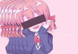 Rule 34 | 1girl, :3, afterimage, ahoge, aruko okara, blue cardigan, blush, bow, bowtie, cardigan, censored, character name, collared shirt, commentary, hair bow, hands on own cheeks, hands on own face, hands up, head tilt, highres, identity censor, indie virtual youtuber, kyu-kurarin (cevio), loose bowtie, low twintails, mekziro, open mouth, parody, pink background, raised eyebrows, red bow, red bowtie, shirt, short eyebrows, short hair, short twintails, sleeves past wrists, solo, song name, thick eyebrows, translated, twintails, upper body, virtual youtuber, white shirt
