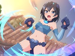 Rule 34 | 1girl, absurdres, animal hands, bare shoulders, bead necklace, beads, black hair, blue eyes, blue gloves, blue thighhighs, breasts, cleavage, clenched hands, cosplay, elbow gloves, fang, gloves, hair between eyes, highres, jewelry, kemono friends, looking at viewer, medium breasts, midriff, navel, necklace, open mouth, paw gloves, shiisaa right, shiisaa right (cosplay), shiraha maru, short hair, solo, superb bird-of-paradise (kemono friends), thighhighs, twitter username