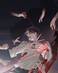 Rule 34 | 1boy, 6+others, blood, brown hair, covered eyes, grabbing, heart, heart (organ), holding, holding heart, holding scissors, lmin, male focus, multiple others, open mouth, original, reaching, reaching towards viewer, scissors, solo focus, teeth, upper teeth only