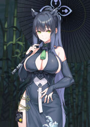 Rule 34 | 1girl, animal ears, bamboo, bare shoulders, black dress, black hair, blue archive, blush, breasts, cleavage, closed mouth, clothing cutout, cowboy shot, detached sleeves, dress, gradient hair, hair ornament, halo, highres, holding, holding umbrella, jamgom, large breasts, long hair, looking at viewer, multicolored hair, rain, shun (blue archive), sleeveless, sleeveless dress, smile, solo, standing, tree, umbrella, very long hair