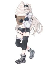 Rule 34 | 1girl, animal ears, ankle boots, arknights, aurora (arknights), aurora (elite ii) (arknights), bear ears, belt, belt pouch, black hairband, black shorts, blush, boots, breasts, clawed boots, closed eyes, closed mouth, food, food on face, grey footwear, hairband, highres, holding, holding food, ice cream, knee boots, large breasts, long hair, long sleeves, navel, photo-referenced, pouch, short shorts, shorts, shrug (clothing), silver hair, simple background, skindentation, smile, soft serve, solo, sports bra, stomach, straight hair, thigh strap, tsume3mai, very long hair, white background