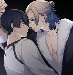 Rule 34 | 2boys, black background, black hair, blonde hair, blue eyes, blue hair, blue lock, clenched hand, commentary request, eye contact, eyeshadow, flower tattoo, fur trim, glasses, gradient hair, hair bun, highres, isagi yoichi, long sleeves, looking at another, looking at viewer, makeup, male focus, medium hair, michael kaiser, moco (1553561764583079936), multicolored hair, multiple boys, neck tattoo, parted lips, pectorals, red eyeshadow, round eyewear, sleeves past elbows, soccer uniform, sportswear, tattoo, two-tone hair, upper body, yaoi