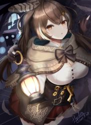 Rule 34 | 1girl, :o, brown capelet, brown cloak, brown corset, brown eyes, brown hair, capelet, cleavage cutout, cloak, clothing cutout, corset, dagger, feather hair ornament, feathers, friend (nanashi mumei), hair ornament, hairclip, hieroglyphics, hololive, hololive english, hydraexp, knife, lantern, long hair, looking at viewer, multicolored hair, nanashi mumei, ponytail, red skirt, ribbon, runes, shadow, shirt, skirt, stairs, streaked hair, very long hair, virtual youtuber, weapon, white shirt, window
