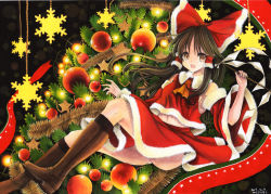 Rule 34 | 1girl, adapted costume, ascot, boots, bow, brown eyes, brown hair, christmas ornaments, christmas tree, colored pencil (medium), detached sleeves, gohei, hair bow, hair tubes, hakurei reimu, long hair, long sleeves, looking at viewer, mosho, open mouth, painting (medium), santa costume, shirt, skirt, skirt set, smile, solo, touhou, traditional media, watercolor (medium), wide sleeves