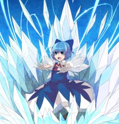 Rule 34 | bad id, bad pixiv id, blue eyes, blue hair, bow, cirno, hair bow, highres, ice, nosuku, open mouth, short hair, solo, touhou, wings