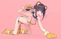 Rule 34 | 1girl, all fours, animal ears, animal hands, animal print, belt collar, bikini, black hair, boots, breasts, collar, fang, female focus, fubuki (kancolle), full body, fur-trimmed boots, fur trim, gloves, green eyes, highres, kantai collection, long hair, looking at viewer, low ponytail, nakaaki masashi, open mouth, paw gloves, pink background, ponytail, short ponytail, side-tie bikini bottom, sidelocks, simple background, small breasts, solo, swimsuit, tail, tiger ears, tiger print, tiger tail, yellow bikini, yellow footwear