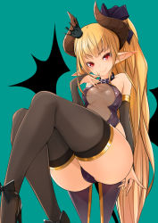 Rule 34 | .sin, ankle bow, ankle ribbon, ankle strap, aqua background, bare shoulders, belt collar, black footwear, black tail, black thighhighs, black wings, blush, bow, breasts, breasts apart, bridal gauntlets, brown horns, cameltoe, center opening, closed mouth, coattails, collar, commentary request, demon girl, demon horns, demon tail, demon wings, fingernails, gold trim, hair bow, half-closed eyes, hand up, head tilt, high heels, highleg, highleg leotard, highres, horns, knees together feet apart, leg ribbon, leotard, long fingernails, long hair, looking at viewer, medium breasts, naughty face, original, pointy ears, ponytail, red eyes, ribbon, sharp fingernails, simple background, slit pupils, smile, solo, spread fingers, stiletto heels, tail, thick eyebrows, thighhighs, tsurime, v-shaped eyebrows, very long hair, wings