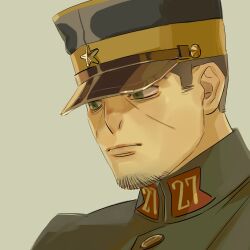 Rule 34 | 1boy, brown hair, chengongzi123, closed mouth, collared jacket, facial hair, goatee stubble, golden kamuy, green background, green eyes, green jacket, hat, highres, jacket, looking to the side, male focus, military hat, military uniform, portrait, short hair, simple background, solo, stubble, tsukishima hajime, uniform, very short hair