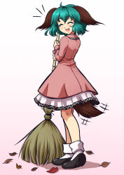 Rule 34 | 1girl, :d, ^^^, ^ ^, animal ears, autumn leaves, bamboo broom, black footwear, blush, bobby socks, broom, closed eyes, dog ears, dress, floppy ears, full body, green hair, highres, kasodani kyouko, loafers, long sleeves, looking at viewer, mazume, open mouth, pink dress, shoes, smile, socks, solo, standing, tail, tail wagging, touhou, white socks