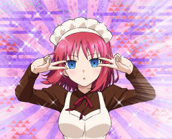Rule 34 | 1girl, :o, apron, azami masurao, blue eyes, blush, commentary request, double v, emotional engine - full drive, expressionless, highres, hisui (tsukihime), long sleeves, looking at viewer, maid, maid apron, maid headdress, parody, pink hair, portrait, salute, short hair, sidelocks, solo, tsukihime, two-finger salute, v, v over eye