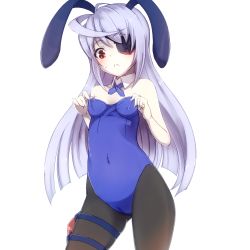 Rule 34 | 10s, 1girl, :&lt;, animal ears, bare shoulders, black pantyhose, blush, cameltoe, covered navel, detached collar, eyepatch, fake animal ears, frown, infinite stratos, laura bodewig, leotard, long hair, pantyhose, playboy bunny, rabbit ears, red eyes, ribbon, silver hair, solo, sweatdrop, touryou, wrist cuffs