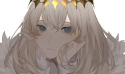 Rule 34 | 1boy, androgynous, bad id, bad twitter id, blonde hair, blue eyes, cape, closed mouth, crown, fate/grand order, fate (series), fur trim, head rest, long hair, looking at viewer, male focus, oberon (fate), orenagu, solo, white background