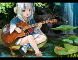 Rule 34 | 1girl, absurdres, blue eyes, blue hoodie, blue nails, blunt bangs, bug, commentary, crossed ankles, english commentary, gawr gura, guitar, hair ornament, highres, hololive, hololive english, hood, hood down, hoodie, instrument, lily pad, medium hair, multicolored hair, music, nail polish, nature, open mouth, outdoors, playing instrument, pouch, rock, shark hair ornament, sharp teeth, silver hair, singing, sitting, soaking feet, solo, streaked hair, teeth, two side up, virtual youtuber, water, waterfall, yoshikawa hiro
