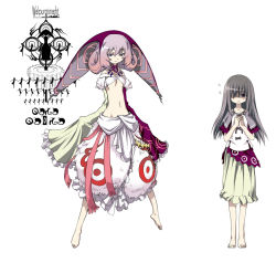 Rule 34 | 10s, 2girls, aged down, akemi homura, asymmetrical clothes, bandeau, bare shoulders, barefoot, black hair, breasts, detached sleeves, flying sweatdrops, hands in opposite sleeves, hat, jester cap, jewelry, light persona, light smile, long hair, madoka runes, magical girl, mahou shoujo madoka magica, mahou shoujo madoka magica (anime), midriff, multiple girls, navel, necklace, open mouth, original, own hands clasped, own hands together, personification, pink hair, purple eyes, shaded face, short hair, simple background, smile, takimiya kazutaka, underboob, walpurgisnacht (madoka magica), white background, wide sleeves