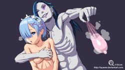 Rule 34 | 10s, 1boy, 1girl, aftersex, blue eyes, blue hair, grabbing another&#039;s breast, breasts, condom, condom on penis, grabbing, grabbing from behind, hair ornament, hair over one eye, hairband, heavy breathing, hetero, highres, holding, holding condom, hug, hug from behind, nude, open mouth, queew, re:zero kara hajimeru isekai seikatsu, rem (re:zero), roswaal l. mathers, short hair, simple background, sweat, upper body, used condom, used condom on penis, x hair ornament