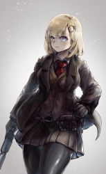 Rule 34 | 1girl, absurdres, backlighting, belt, black pantyhose, blue eyes, breasts, brown coat, buttons, closed mouth, coat, cowboy shot, double-breasted, gauntlets, gloves, grey background, grey sky, gun, hand on own hip, handgun, highres, holding, holding gun, holding weapon, hololive, hololive english, john wick, looking to the side, medium breasts, miniskirt, necktie, open clothes, open coat, pantyhose, pistol, pleated skirt, red necktie, skirt, sky, snowing, solo, suppressor, thighs, utility belt, vest, virtual youtuber, vyragami, watson amelia, weapon