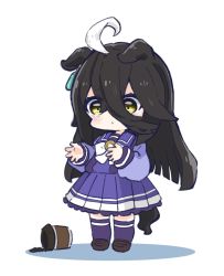 Rule 34 | 1girl, :o, ahoge, animal ears, black hair, blue shirt, blue skirt, bow, brown eyes, chibi, coffee cup, colored shadow, commentary request, cup, disposable cup, ears down, full body, hair between eyes, highres, horse ears, horse girl, horse tail, long sleeves, manhattan cafe (umamusume), multicolored hair, nozo (hitomiz), parted lips, pleated skirt, puffy long sleeves, puffy sleeves, shadow, shirt, simple background, skirt, sleeves past wrists, solo, spill, standing, tail, two-tone hair, umamusume, white background, white bow, white hair