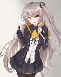 Rule 34 | 1girl, :d, absurdres, alternate breast size, bird-perch, black gloves, black jacket, black pantyhose, black ribbon, black skirt, blush, breasts, fingerless gloves, girls&#039; frontline, gloves, grey hair, hand on own chest, highres, holding, jacket, jewelry, long hair, looking at viewer, medium breasts, open mouth, pantyhose, pregnancy test, ribbon, ring, scar, scar across eye, shirt, side ponytail, skirt, smile, solo, ump45 (girls&#039; frontline), white shirt, yellow eyes