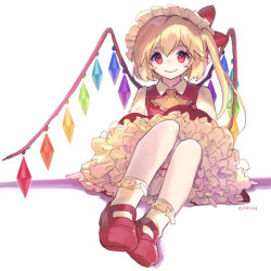 Rule 34 | 1girl, ainy, ascot, bad id, bad pixiv id, blonde hair, bloomers, bobby socks, bow, diamond (gemstone), dress, flandre scarlet, frilled shirt collar, frilled skirt, frilled socks, frills, full body, hat, petticoat, red bow, red dress, red eyes, red footwear, shoes, side ponytail, simple background, sitting, skirt, smile, socks, solo, touhou, underwear, upskirt, white background, wings