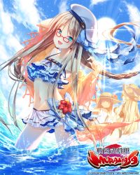 Rule 34 | 3girls, bikini, blonde hair, blue bikini, blue bow, blue eyes, bow, breasts, brown hair, cloud, copyright name, day, closed eyes, flat chest, flower, frilled bikini, frills, glasses, hat, hibiscus, large breasts, logo, long hair, looking at viewer, multiple girls, navel, official art, open mouth, outdoors, red-framed eyewear, sagami rin, sengoku bushouki muramasa, small breasts, smile, solo focus, standing, sun hat, sunlight, swimsuit, very long hair, wading, water, white headwear