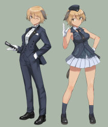 Rule 34 | 1girl, bare shoulders, blonde hair, blush, brave witches, breasts, closed mouth, dog tail, formal, full body, gloves, green background, hand in pocket, hand on own hip, hat, microphone, military hat, miniskirt, multiple views, necktie, one eye closed, shimada fumikane, simple background, skirt, sleeveless, small breasts, smile, suit, tail, waltrud krupinski, white gloves, world witches series, yellow eyes